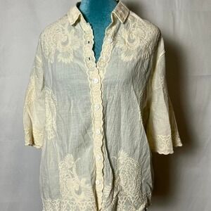 Boho Coastal Grandmother Spiaggia Dolce Ivory Embroidered Cotton Top M
